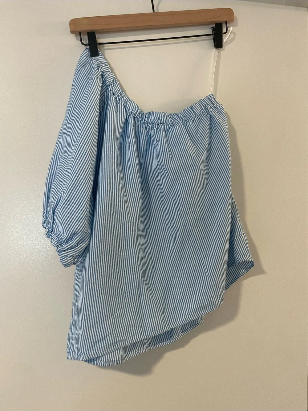 LOFT Light Blue and White Striped Off-Shoulder Top